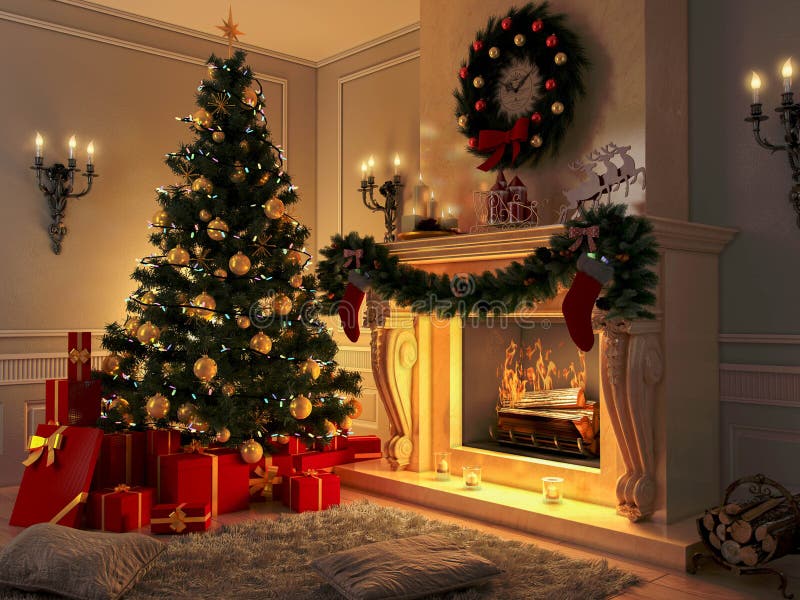 Obrázky ukazuje Nový rok interiér s Vianočný stromček, darčeky a krbom.