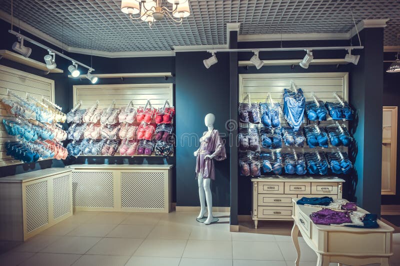 Interior of a Colorful Modern Underwear Shop. Female Mannequin in Panties  and Bras and Stands in a Shopping Center. Cozy Light Stock Photo - Image of  interior, feminine: 105782842