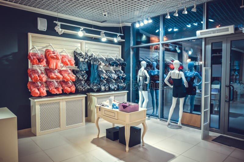 Interior of a Colorful Modern Underwear Shop. Female Mannequin in Panties  and Bras and Stands in a Shopping Center. Cozy Light Stock Photo - Image of  interior, feminine: 105782842