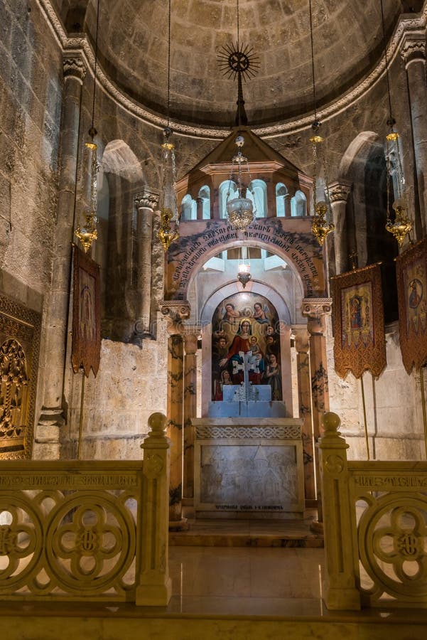 Interiors with the Armenian Chapel of Division of Robes altar in Church of the Holy Sepulcher, also  the Church of the Resurrection or Church of the Anastasis Jerusalem, Israel. Interiors with the Armenian Chapel of Division of Robes altar in Church of the Holy Sepulcher, also  the Church of the Resurrection or Church of the Anastasis Jerusalem, Israel