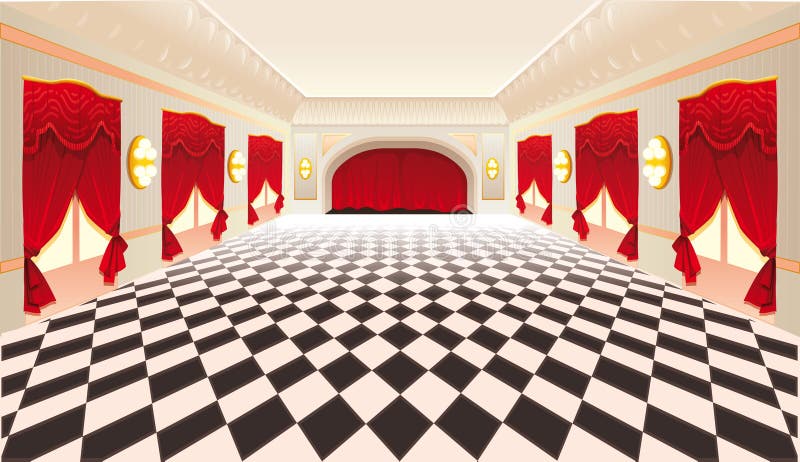 Interior com cortinas vermelhas e chão com azulejos ilustração stock