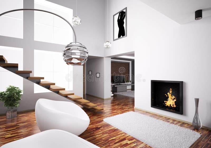 Interior Con La Chimenea Y La Escalera 3d Stock de ilustración