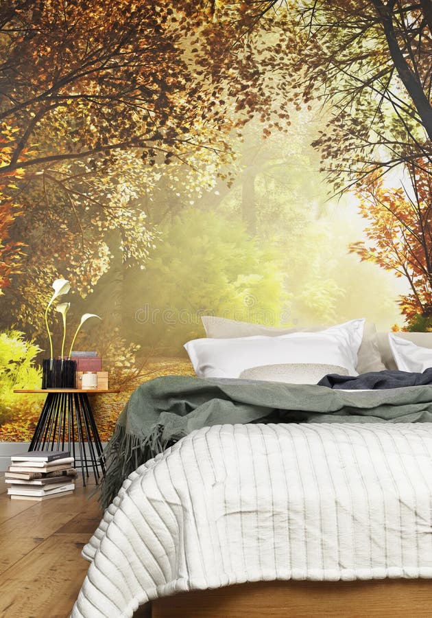 Interior of a Cozy Rustic Bedroom with a Country Nature Wall Mural