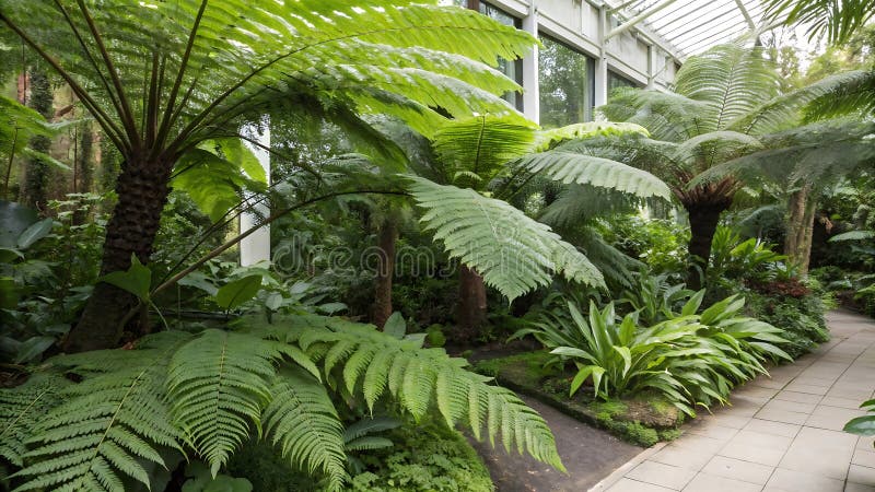 Interior cu efect de seră cu ferigi verzi dense grădină botanică luxuriantă natură Stoc foto Generative AI stock illustration