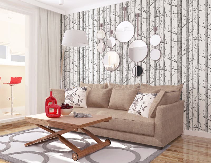 Interior 3d modern vardagsrum med tapetträdcolen & son och brun soffa vektor illustrationer