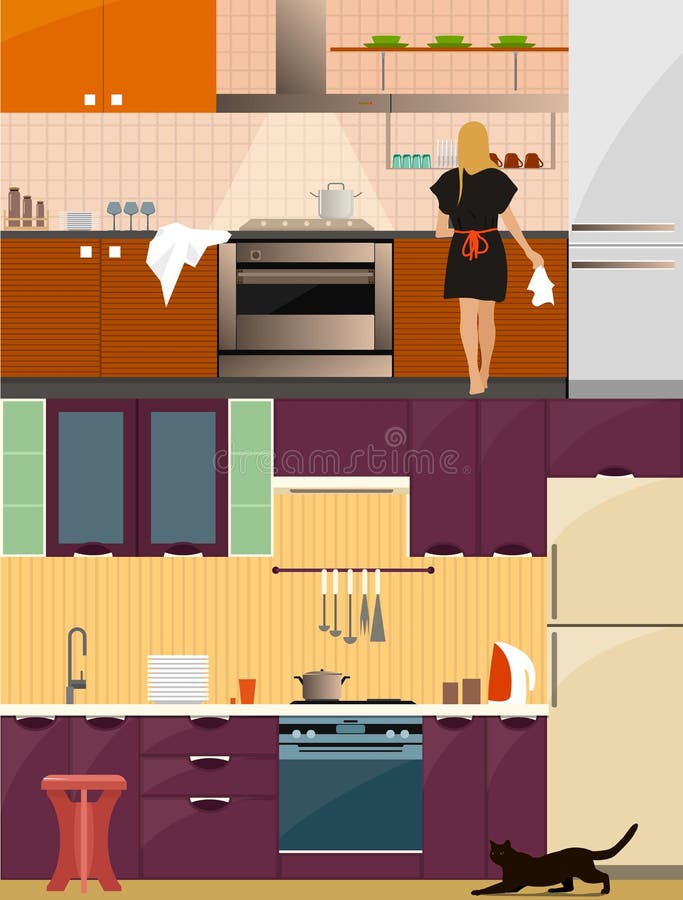 Interior da cozinha com mobília no estilo liso Projete elementos e ícones, utensílios, ferramentas Mulher no vetor da cozinha ilustração do vetor Interior da cozinha com mobília no estilo liso Projete elementos e ícones, utensílios, ferramentas Mulher no vetor da cozinha ilustração do vetor