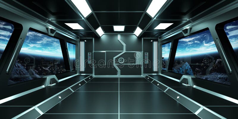 Interior de nave espacial com vista para a Terra, elementos de renderização 3D de t ilustração stock