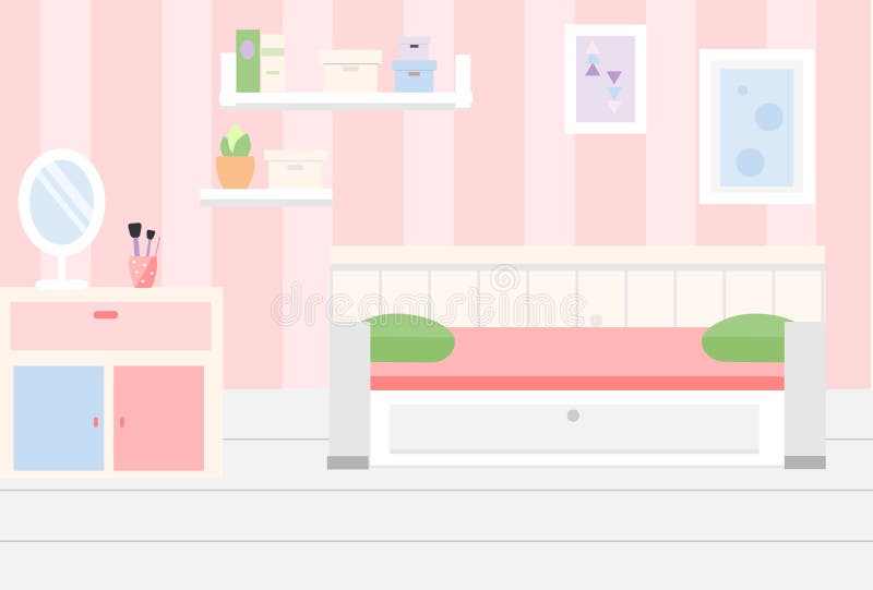 Interior da sala Apartamento na mobília cor-de-rosa do cor e a branca Projeto do quarto da menina com sofá, prateleiras, espelho ilustração royalty free Interior da sala Apartamento na mobília cor-de-rosa do cor e a branca Projeto do quarto da menina com sofá, prateleiras, espelho ilustração royalty free