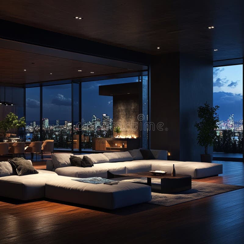 Interior da sala de estar moderna com a imagem noturna da cidade em 3D ilustração stock