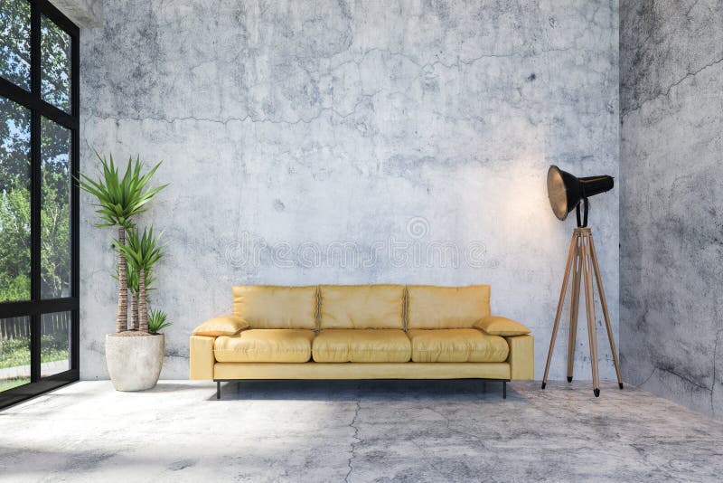 Interior da sala de estar moderna Loft Concreta com Mobiliário de Estilo Retroativo e Espaço de Cópia na Parede para Mock Up, Ren ilustração do vetor Interior da sala de estar moderna Loft Concreta com Mobiliário de Estilo Retroativo e Espaço de Cópia na Parede para Mock Up, Ren ilustração do vetor