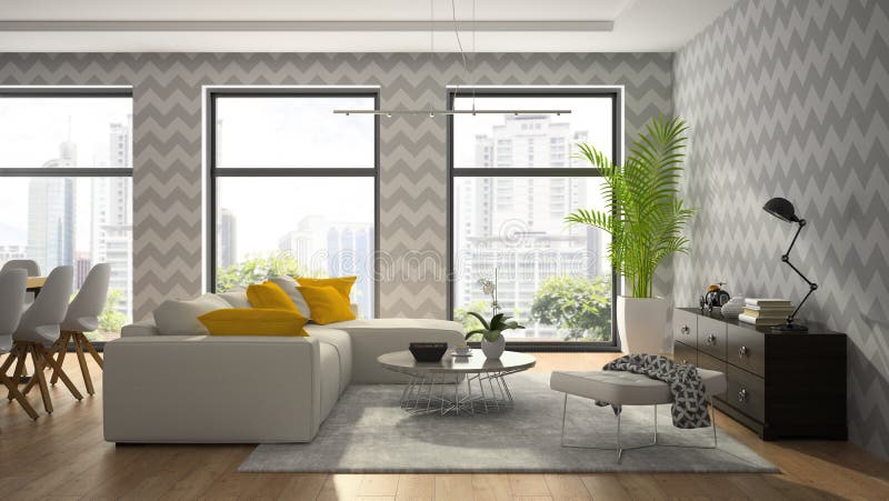 Interior da sala do projeto moderno com rendição cinzenta do papel de parede 3D imagem de stock royalty free Interior da sala do projeto moderno com rendição cinzenta do papel de parede 3D imagem de stock royalty free