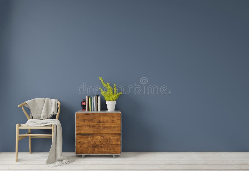 Interior with dark blue green wall wooden chair and wood side table sideboard empty wall for copy space