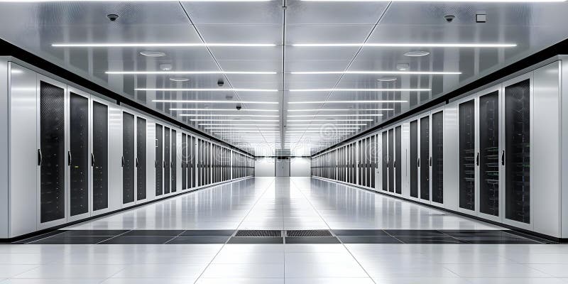 Interior of a data center with servers and networking equipment showcasing modern connectivity stock illustration