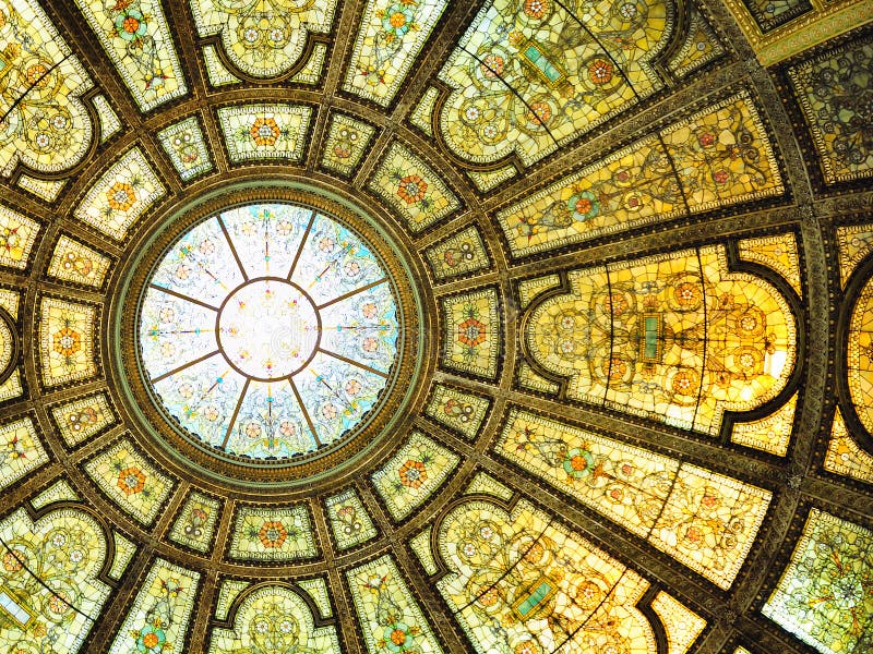 Chicago Cultural Center interior view with Healy and Millet stained glass dome in the Grand Army of the Republic rotunda. Chicago Cultural Center interior view with Healy and Millet stained glass dome in the Grand Army of the Republic rotunda