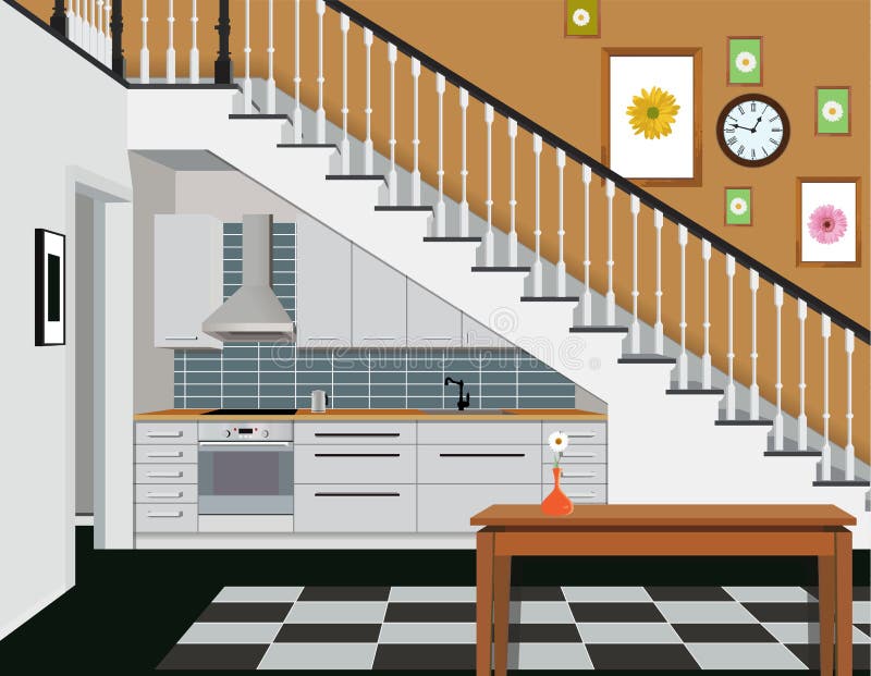 Interior De La Cocina Debajo De Las Escaleras Con Muebles Diseño De Cocina  Moderna Símbolo De Los Muebles, Cocina Ilustración del Vector - Ilustración  de vivir, caldera: 107201369