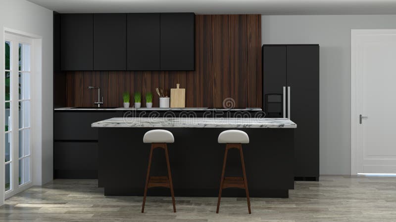 Interior de la cocina que cocina la tabla negra, silla, fondo blanco del diseño del roomhome de la comida de la lámpara del ejemp stock de ilustración Interior de la cocina que cocina la tabla negra, silla, fondo blanco del diseño del roomhome de la comida de la lámpara del ejemp stock de ilustración