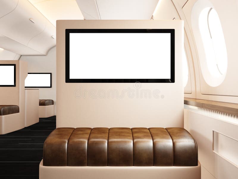 Interior de la foto del aeroplano privado Silla de cuero vacía For Your Information listo de la pantalla digital en blanco Jet de imagen de archivo Interior de la foto del aeroplano privado Silla de cuero vacía For Your Information listo de la pantalla digital en blanco Jet de imagen de archivo