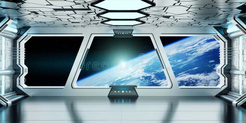 Interior de la nave espacial con la opinión sobre la tierra 3D del planeta que rinde el EL stock de ilustración Interior de la nave espacial con la opinión sobre la tierra 3D del planeta que rinde el EL stock de ilustración