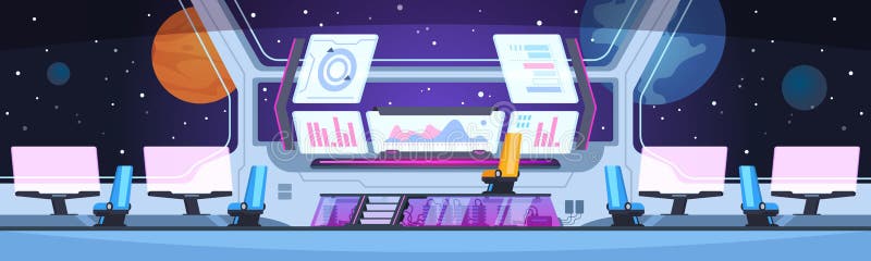 Interior de la nave espacial Nadie cabina futurista del capitán dentro Lugar de trabajo del futuro de la estación espacial Concep ilustración del vector Interior de la nave espacial Nadie cabina futurista del capitán dentro Lugar de trabajo del futuro de la estación espacial Concep ilustración del vector