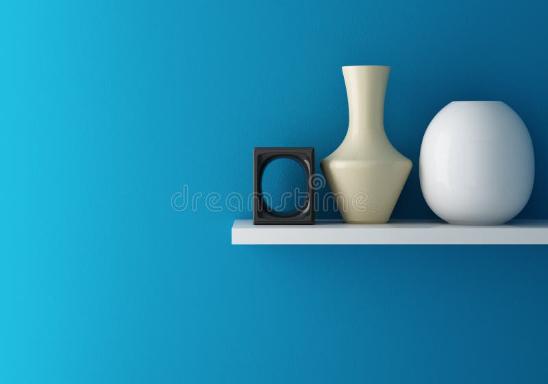 Interior de la pared azul y de cerámica en estante stock de ilustración Interior de la pared azul y de cerámica en estante stock de ilustración