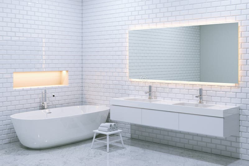 Interior de lujo blanco del cuarto de baño con las paredes de ladrillo 3d rinden fotos de archivo libres de regalías