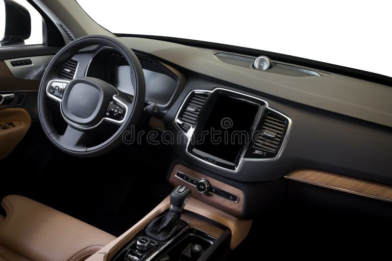 Interior de lujo moderno del coche del prestigio, tablero de instrumentos, volante fotografía de archivo libre de regalías Interior de lujo moderno del coche del prestigio, tablero de instrumentos, volante fotografía de archivo libre de regalías