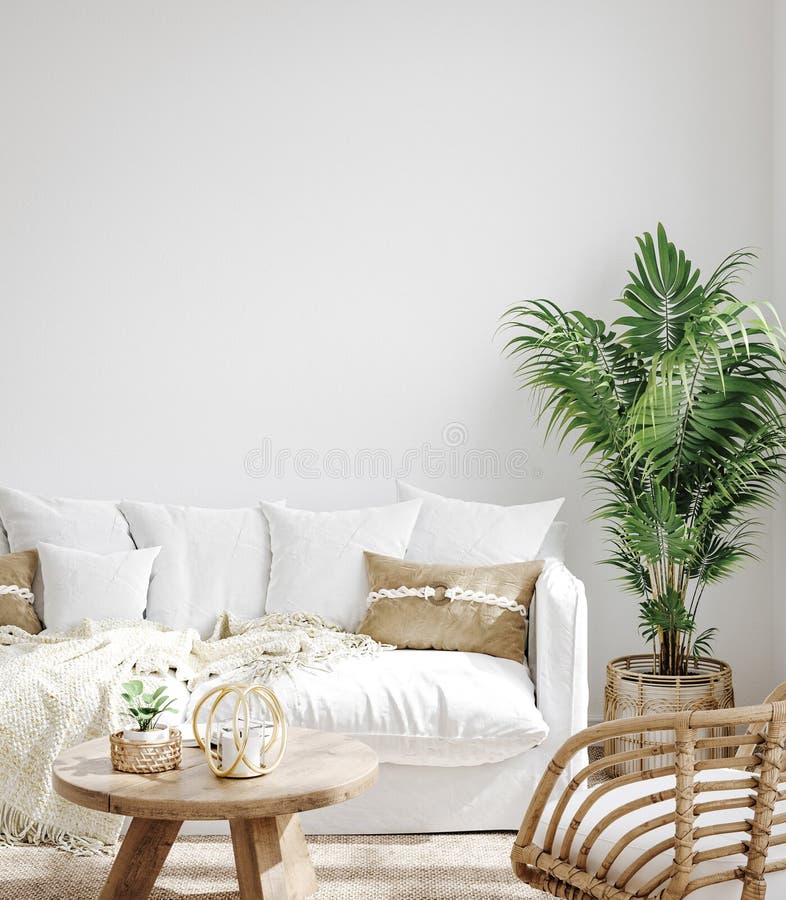 White cozy living room interior, Coastal Boho style, 3d render. White cozy living room interior, Coastal Boho style, 3d render
