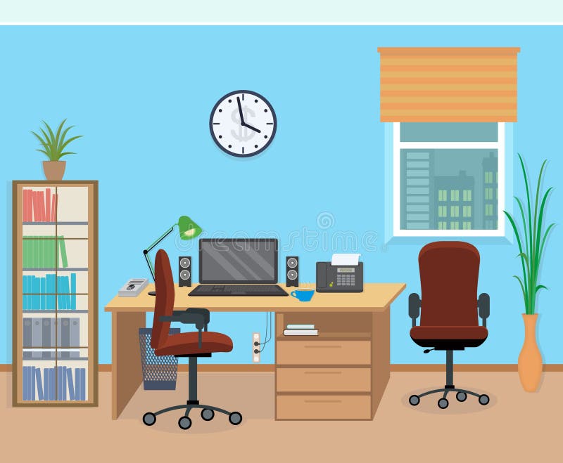 Interior del sitio de la oficina con muebles y el equipo stock de ilustración Interior del sitio de la oficina con muebles y el equipo stock de ilustración