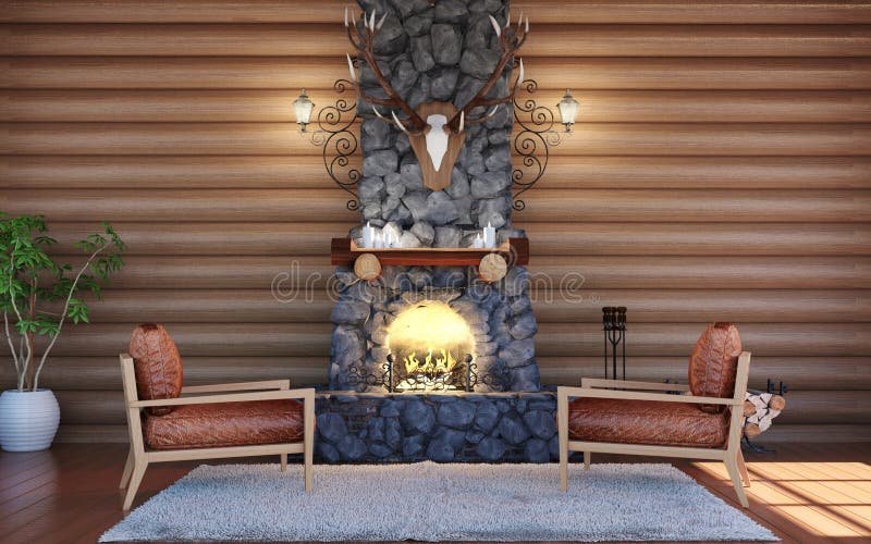 Interior del sitio en el edificio de la cabaña de madera con la chimenea de piedra y las butacas de cuero retras imagen de archivo Interior del sitio en el edificio de la cabaña de madera con la chimenea de piedra y las butacas de cuero retras imagen de archivo
