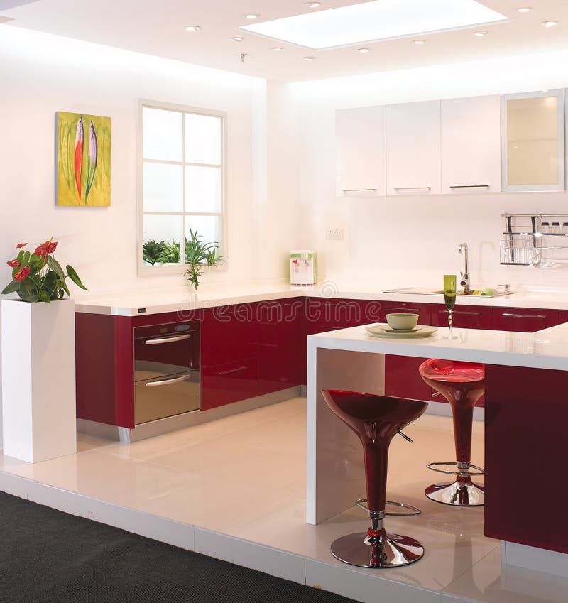 Red Island Kitchen Silver Modern Interior House Stock Photo Image of