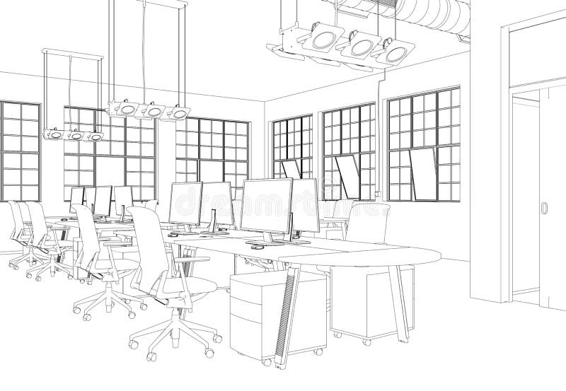 Interior Design Big Office Room with Desks Custom Drawing Stock