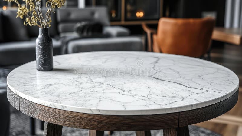 Interior design, a circular marble table with delicate patterns, set against a softly blurred cozy living room royalty free stock images