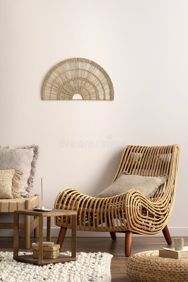 Boho and cozy interior of meditation room with beige chaise lounge, carpet,  rattan pouf, pillows, side table, decoration, books and personal  accessories. Warm home decor. Template. Photos