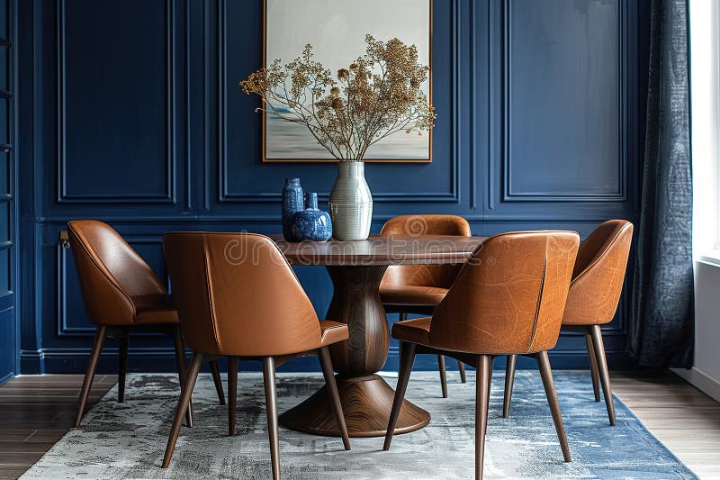 Interior Design of Dining Room with Dark Blue Wall and Window Stock