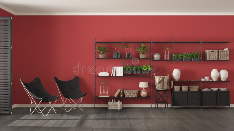 Interior design grigio e rosso di Eco con lo scaffale per libri di legno, verde diy fotografia stock Interior design grigio e rosso di Eco con lo scaffale per libri di legno, verde diy fotografia stock