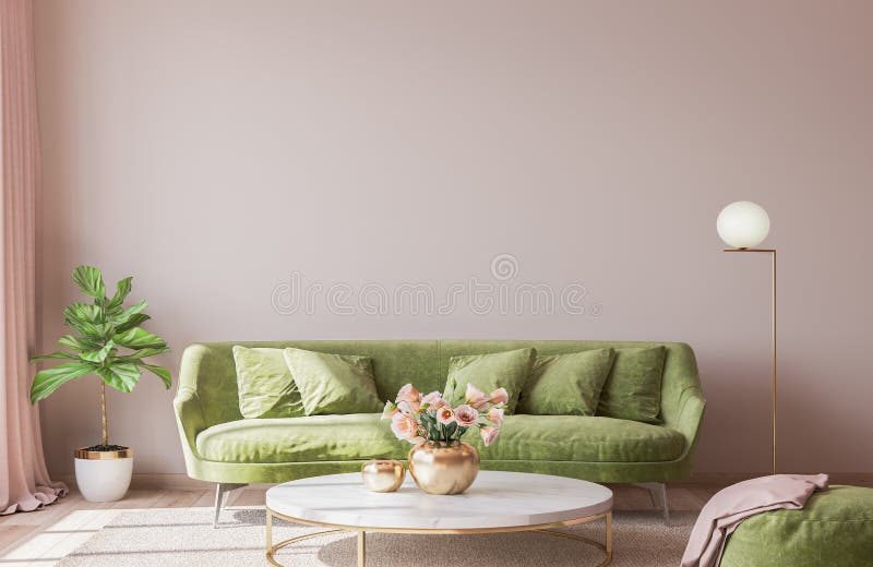 Interior design for living area with stylish home accessories on bright pink background royalty free stock photo