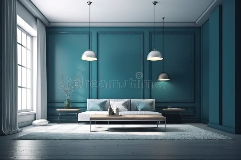 Interior Design of Living Room with Blue Sofa. Generative AI Stock