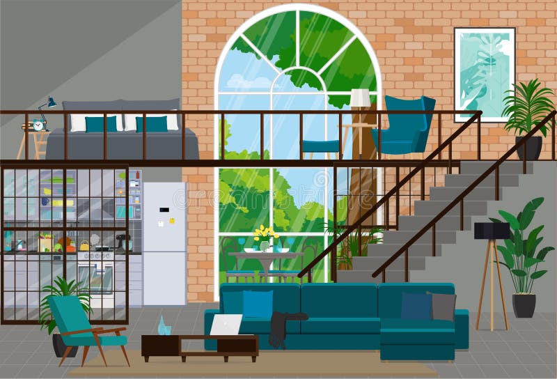 Interior Design in Loft Style with a Big Window. Studio Apartment Stock