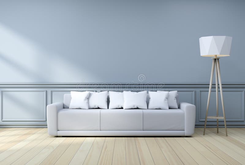 Interior design minimalista, sofà grigio chiaro con la lampada sulla parete grigia della struttura e pavimentazione del legno dur illustrazione vettoriale