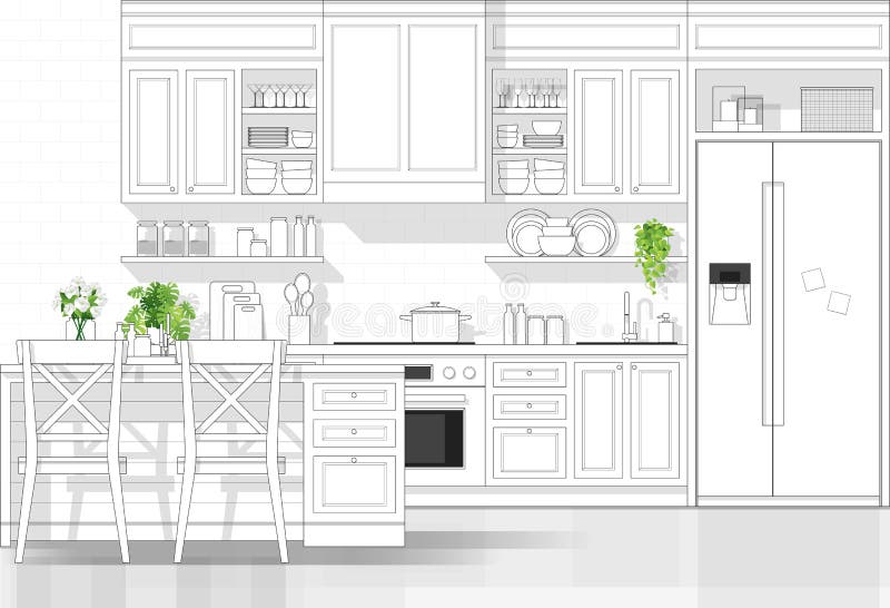 Interior design with modern kitchen in black line sketch on white background vector illustration