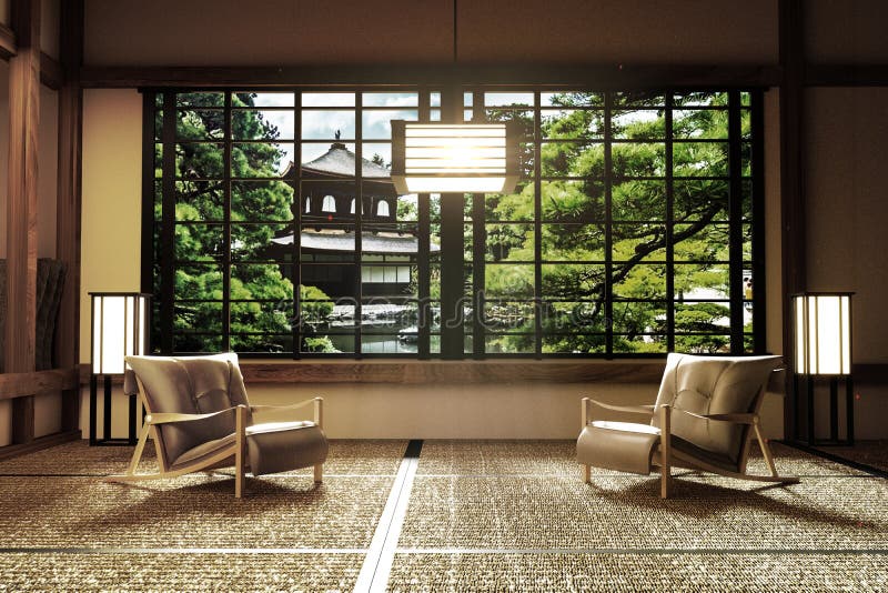 Interior design, modern living room with chairs, lamp, tatami floor, Japanese style, 3d rendering.
