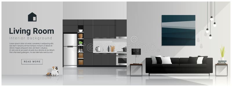 Interior design with modern living room and kitchen background stock illustration Interior design with modern living room and kitchen background stock illustration