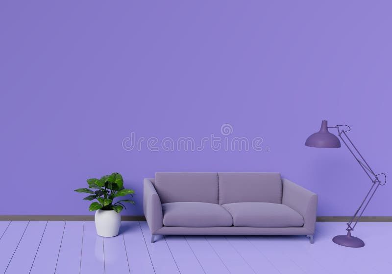 Interior design moderno del salone porpora con il sof? un vaso della pianta sul pavimento di legno lucido bianco Elemento della l immagini stock Interior design moderno del salone porpora con il sof? un vaso della pianta sul pavimento di legno lucido bianco Elemento della l immagini stock