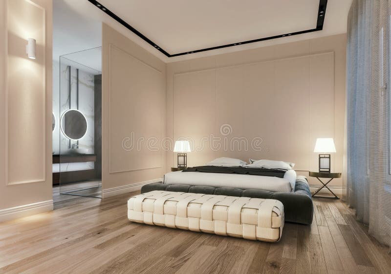 Interior design moderno della camera da letto principale con il grande bagno, letto a due piazze con le lenzuola, scena di notte illustrazione vettoriale Interior design moderno della camera da letto principale con il grande bagno, letto a due piazze con le lenzuola, scena di notte illustrazione vettoriale