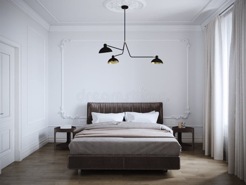 Interior design moderno luminoso e accogliente della camera da letto con le pareti bianche fotografia stock libera da diritti