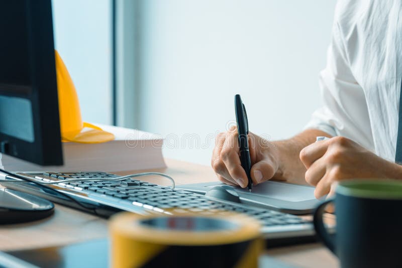 Interior Design Professional Working on Graphic Tablet Sketch Pa Stock