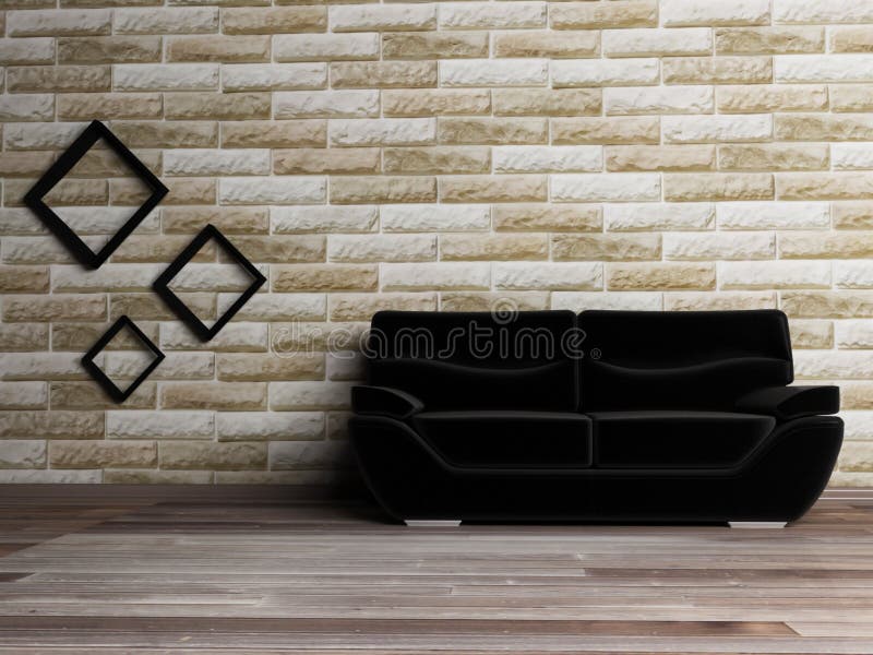 Interior design scene with a black sofa