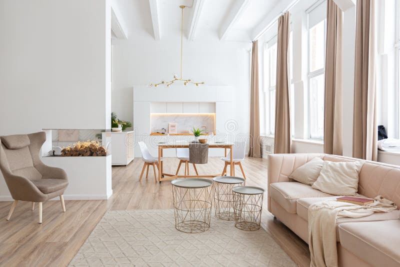 Interior Design Spacious Bright Studio Apartment in Scandinavian Style and  Warm Pastel White and Beige Colors. Trendy Furniture in Stock Image - Image of  elegant, chic: 210699073