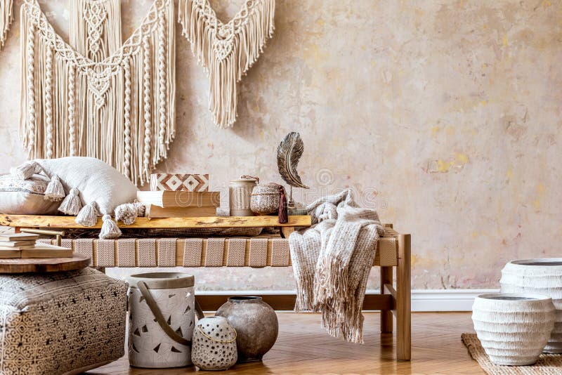 Interior design of stylish living room with beige chaise longue, pillows, lantern, macrame, decoration and accessories. Interior design of stylish living room stock photos Interior design of stylish living room with beige chaise longue, pillows, lantern, macrame, decoration and accessories. Interior design of stylish living room stock photos