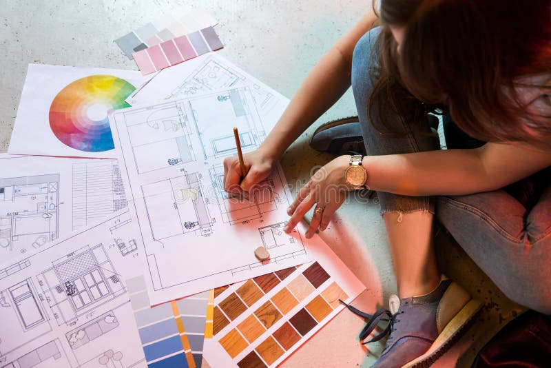 Interior Designer Drawing a Plan with Art Tools Stock Photo Image of